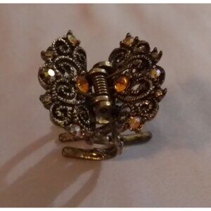 Vintage Butterfly Metal Hair Claw Clip Rhinestone Accents & Intricate Filigree